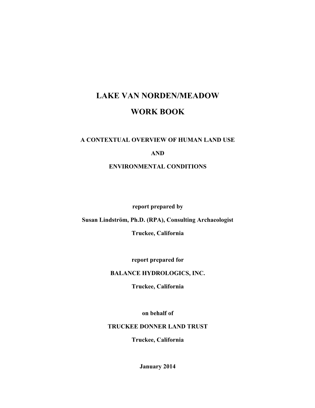 Lake Van Norden/Meadow Work Book