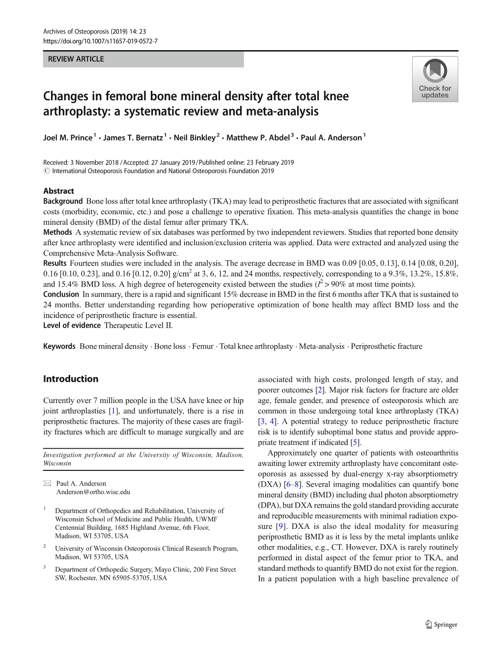 Changes in Femoral Bone Mineral Density After Total Knee Arthroplasty: a Systematic Review and Meta-Analysis