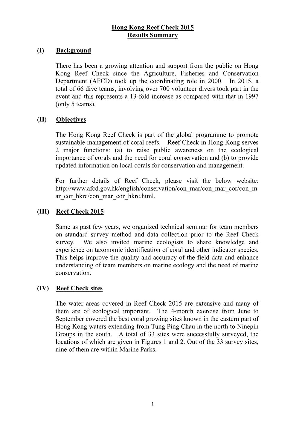 Hong Kong Reef Check 2015 Results Summary