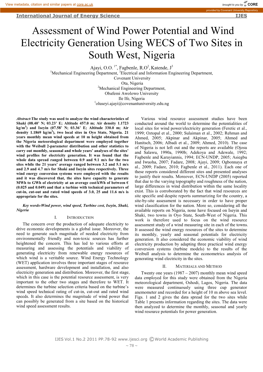 Assessment of Wind Power Potential and Wind Electricity Generation Using WECS of Two Sites in South West, Nigeria