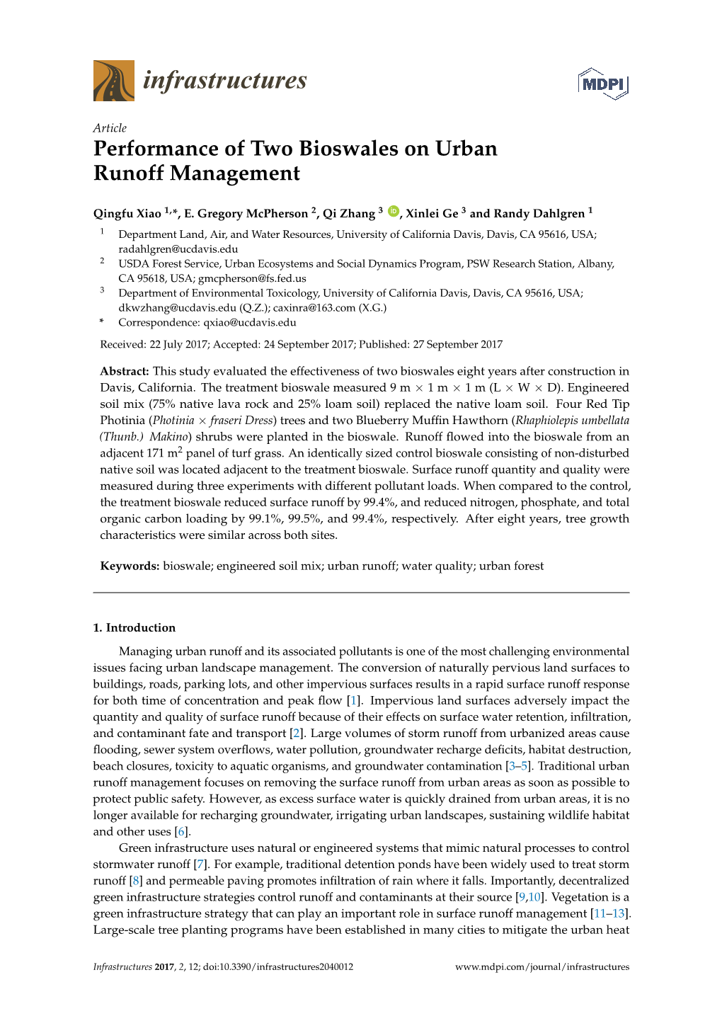 Performance of Two Bioswales on Urban Runoff Management