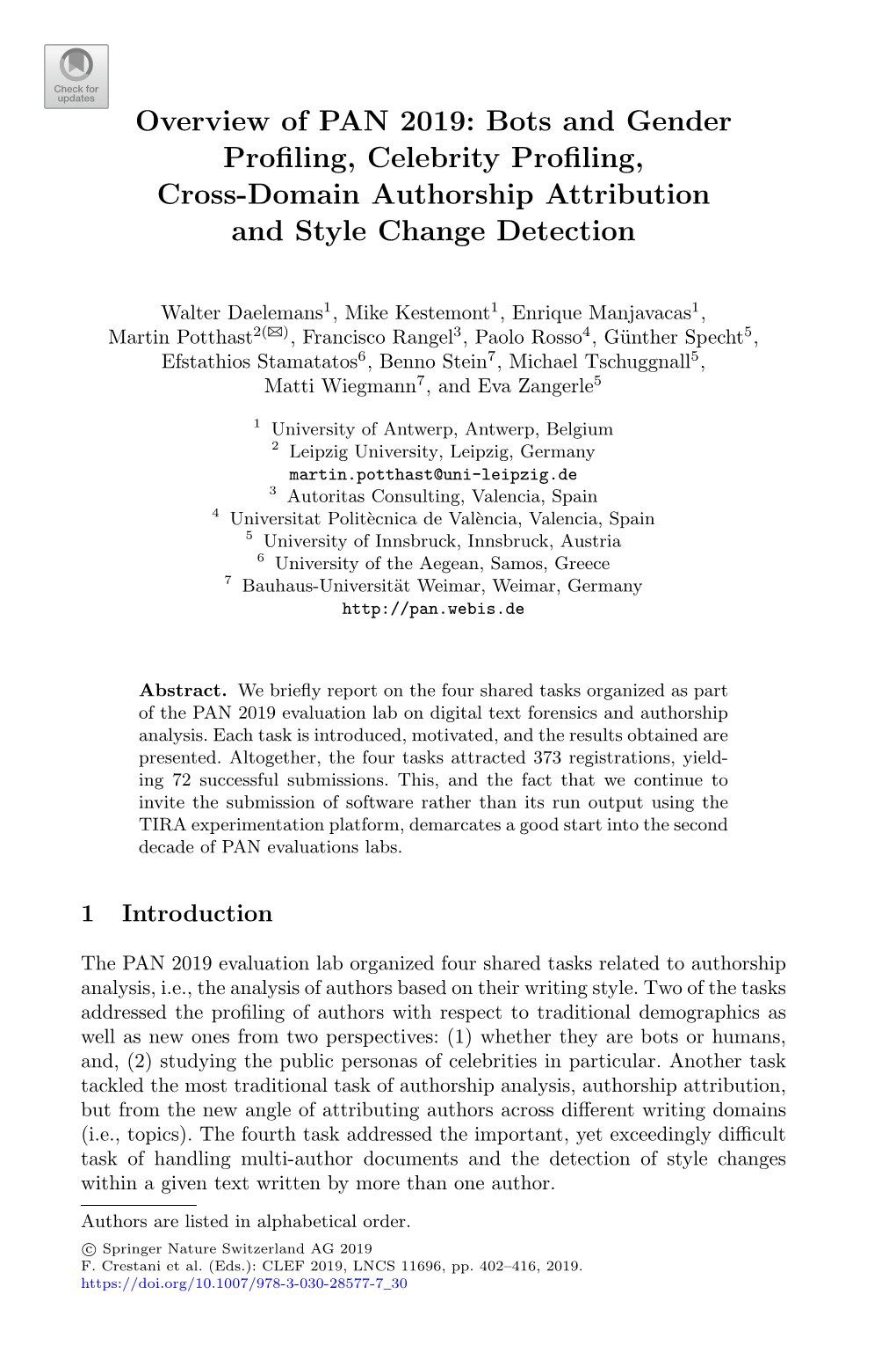 Overview of PAN 2019: Author Profiling, Celebrity Profiling, Cross-Domain Authorship Attribution and Style Change Detection