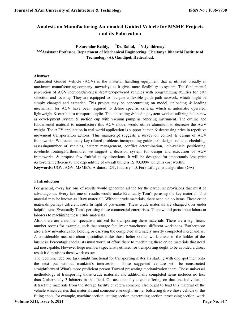 Analysis on Manufacturing Automated Guided Vehicle for MSME Projects and Its Fabrication