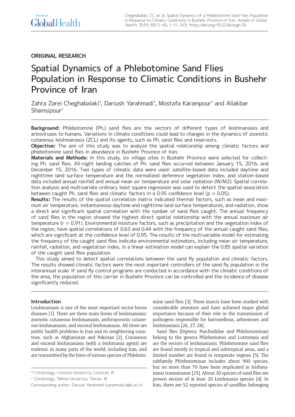 Spatial Dynamics of a Phlebotomine Sand Flies Population in Response to Climatic Conditions in Bushehr Province of Iran