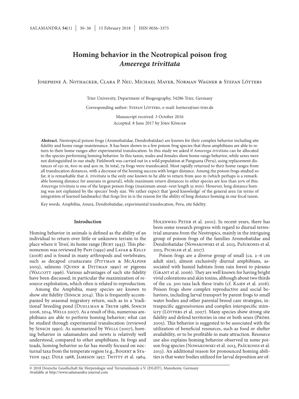 Homing Behavior in the Neotropical Poison Frog Ameerega Trivittata