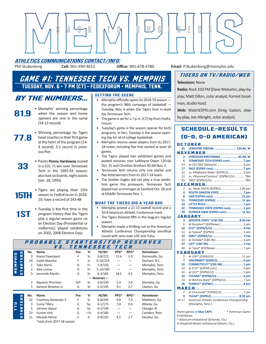 GAME #1: TENNESSEE TECH Vs. Memphis Television: None Tuesday, NOV