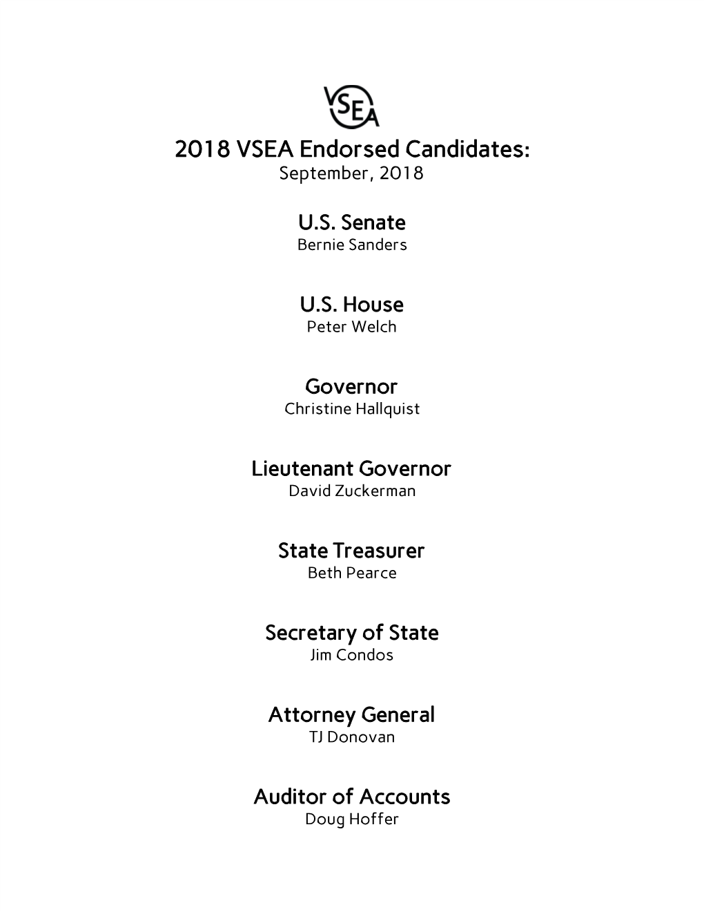 2018 VSEA Endorsed Candidates: September, 2018