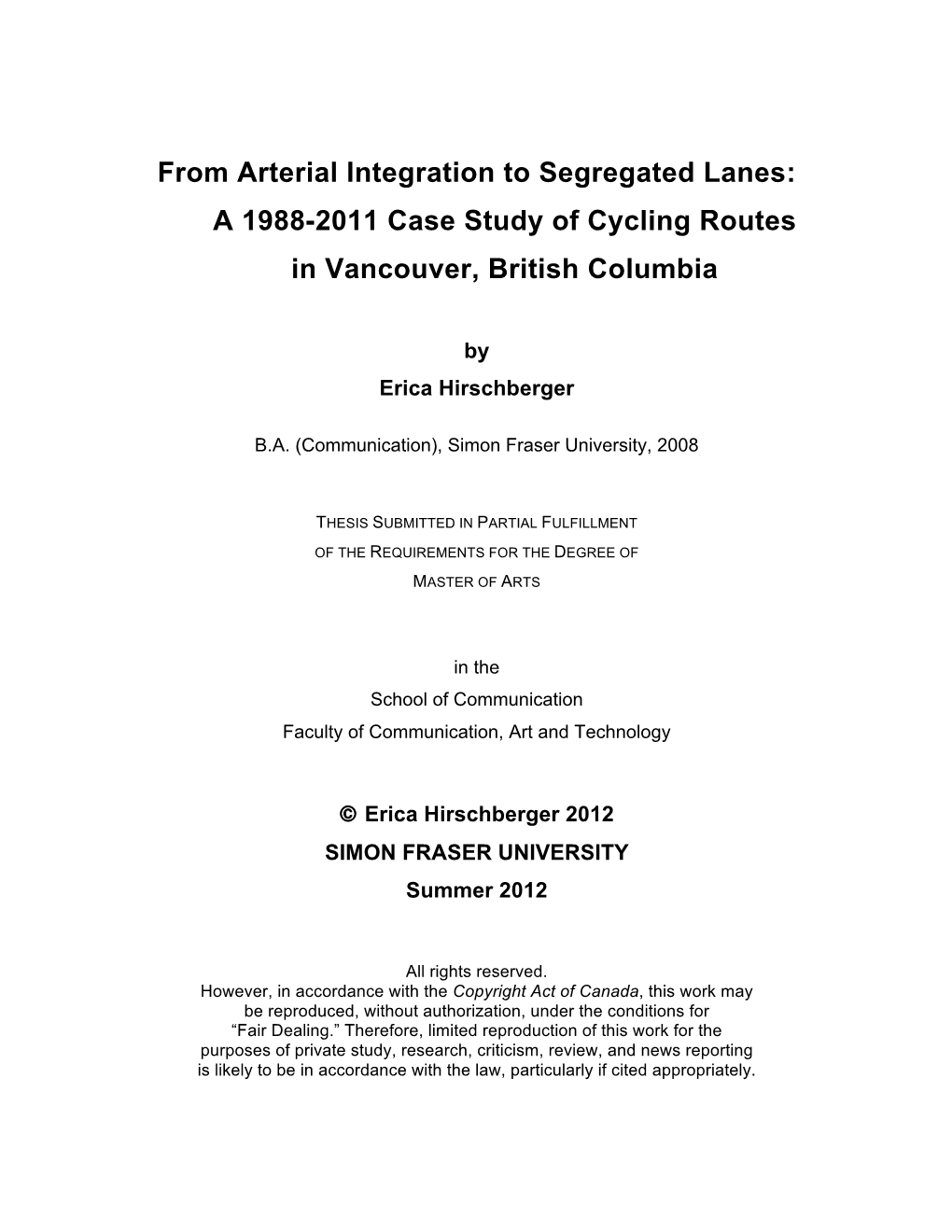 A 1988-2011 Case Study of Cycling Routes in Vancouver, British Columbia