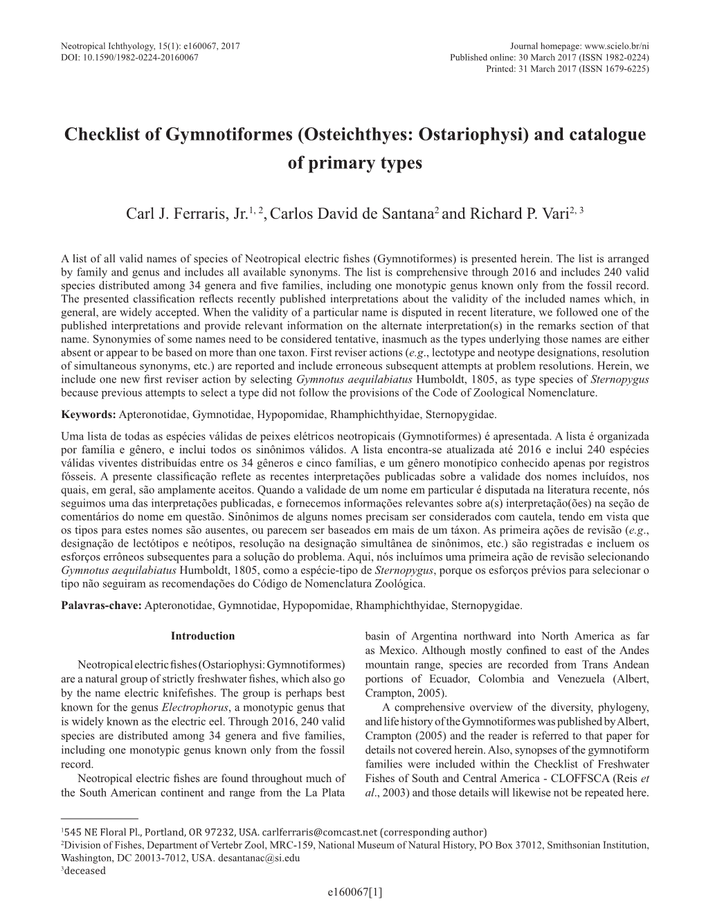 (Osteichthyes: Ostariophysi) and Catalogue of Primary Types