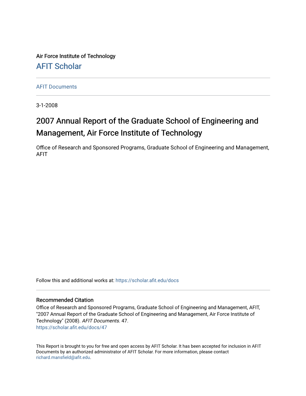 2007 Annual Report of the Graduate School of Engineering and Management, Air Force Institute of Technology