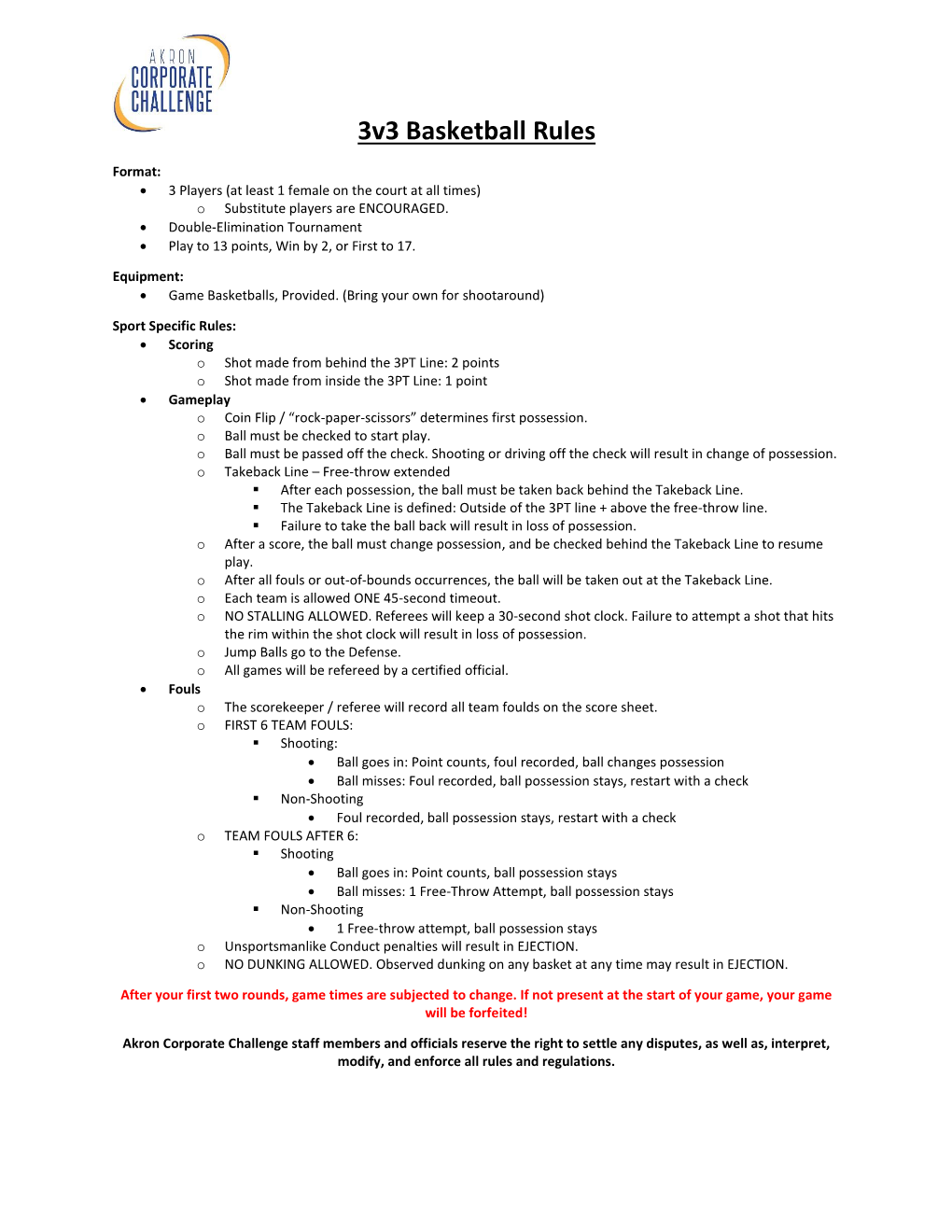 3V3 Basketball Rules