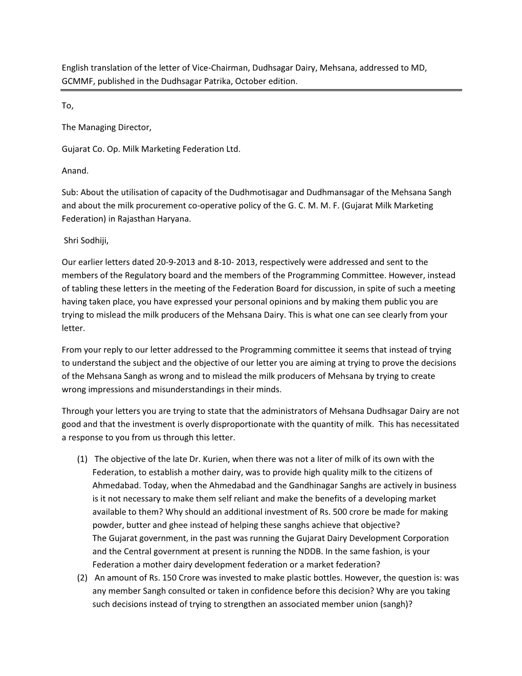 English Translation of the Letter of Vice-Chairman, Dudhsagar Dairy, Mehsana, Addressed to MD, GCMMF, Published in the Dudhsagar Patrika, October Edition