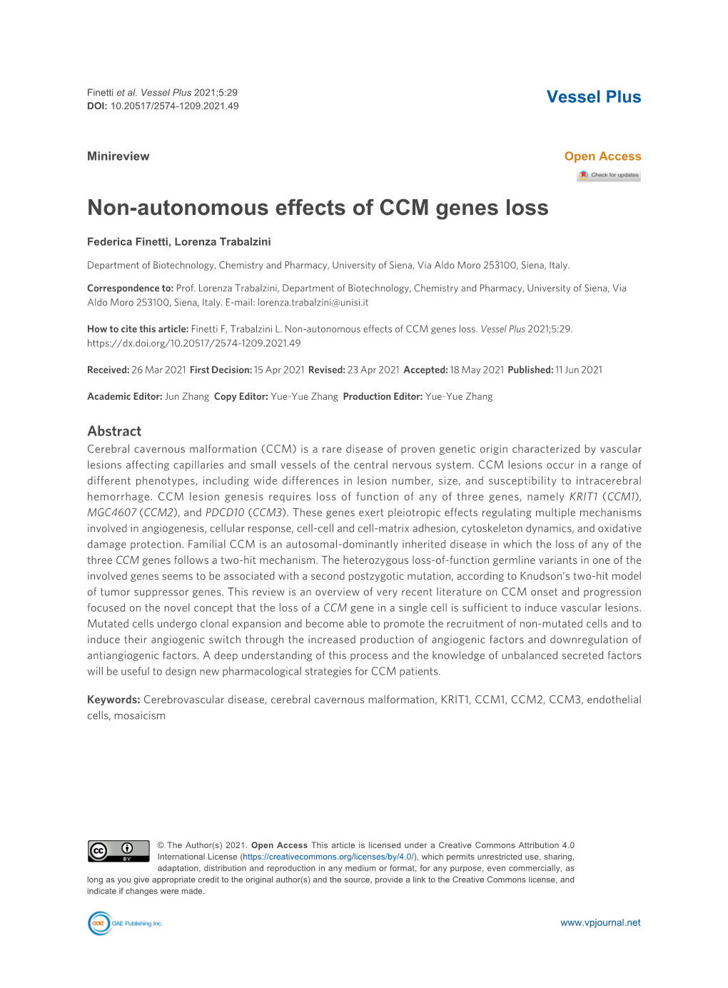Non-Autonomous Effects of CCM Genes Loss