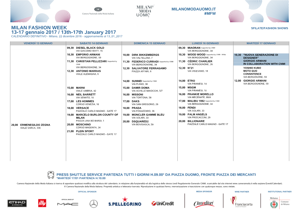 13Th-17Th January 2017 CALENDARIO DEFINITIVO - Milano, 22 Dicembre 2016 - Aggiornamento Al 13 01 2017