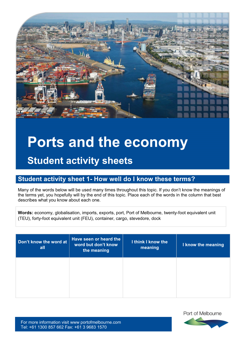 Ports and the Economy Student Activity Sheets