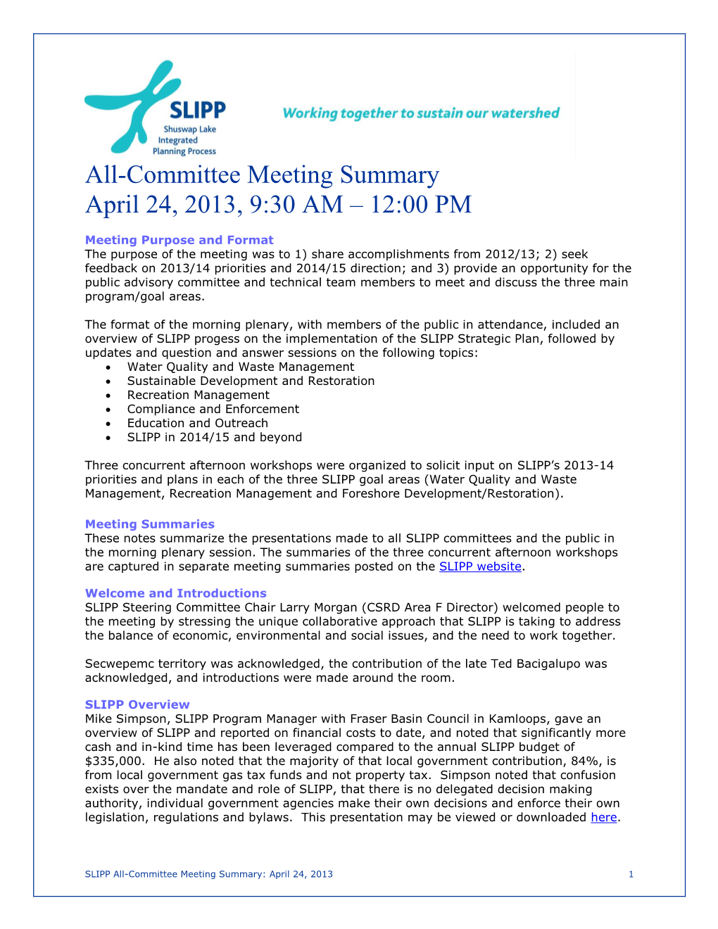 All-Committee Meeting Summary April 24, 2013, 9:30 AM – 12:00 PM