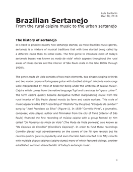 Brazilian Sertanejo from the Rural Caipira Music to the Urban Sertanejo