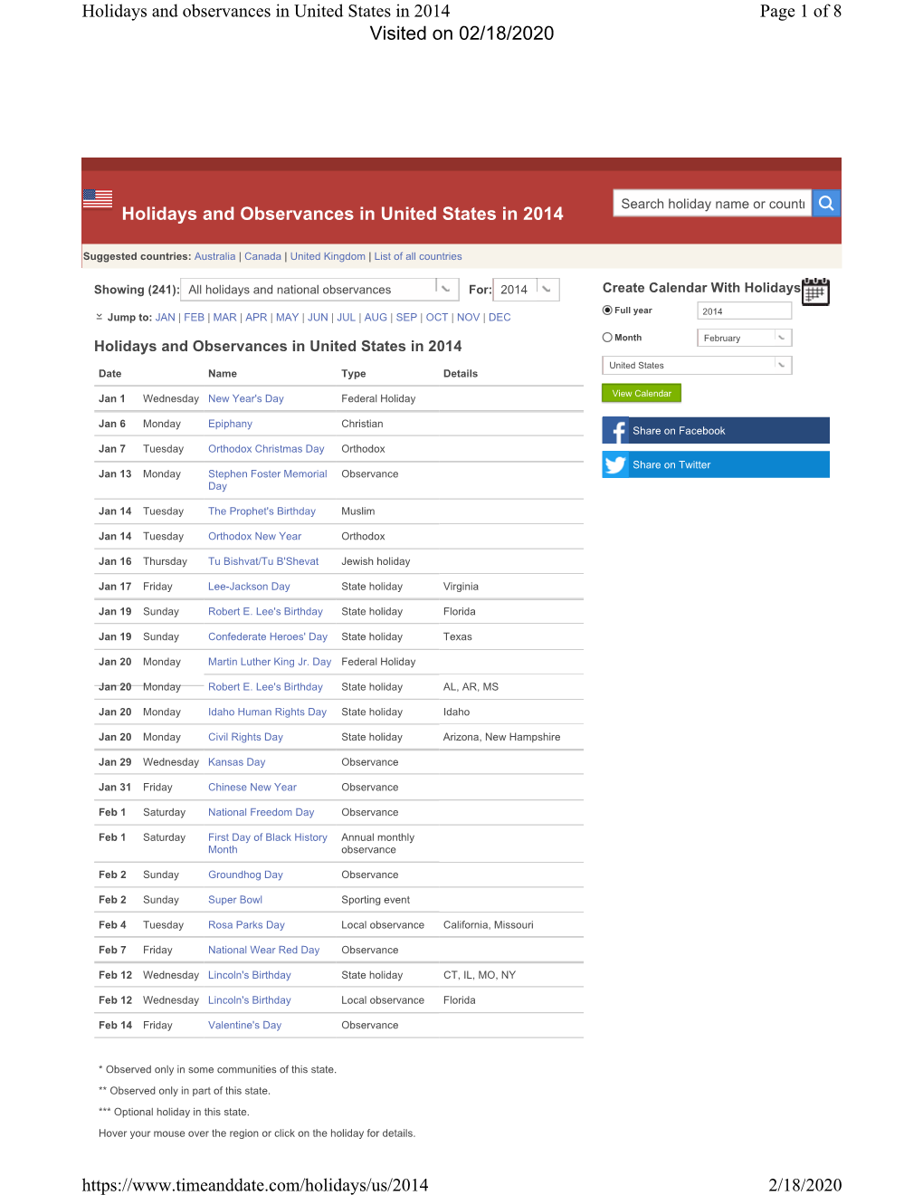 Holidays and Observances in United States in 2014 Page 1 of 8 Holidays and Observances in United States in 2014 2/18/2020 Https