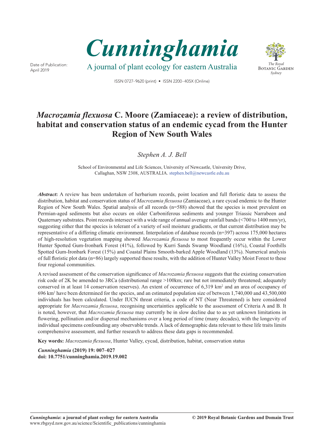 Macrozamia Flexuosa C. Moore (Zamiaceae): a Review of Distribution, Habitat and Conservation Status of an Endemic Cycad from the Hunter Region of New South Wales