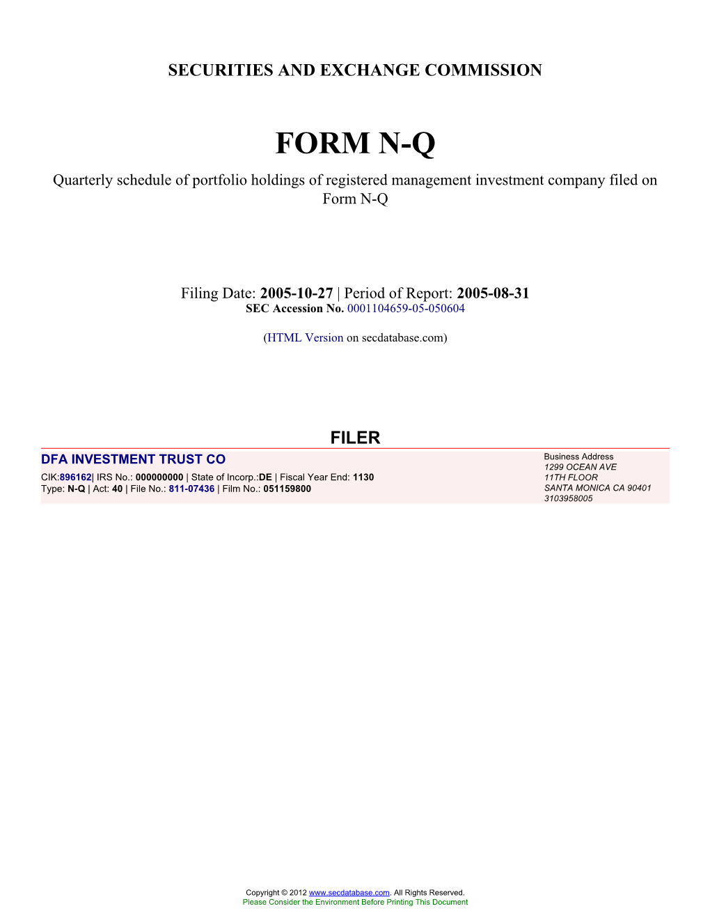 DFA INVESTMENT TRUST CO (Form: N-Q, Filing Date: 10/27/2005)