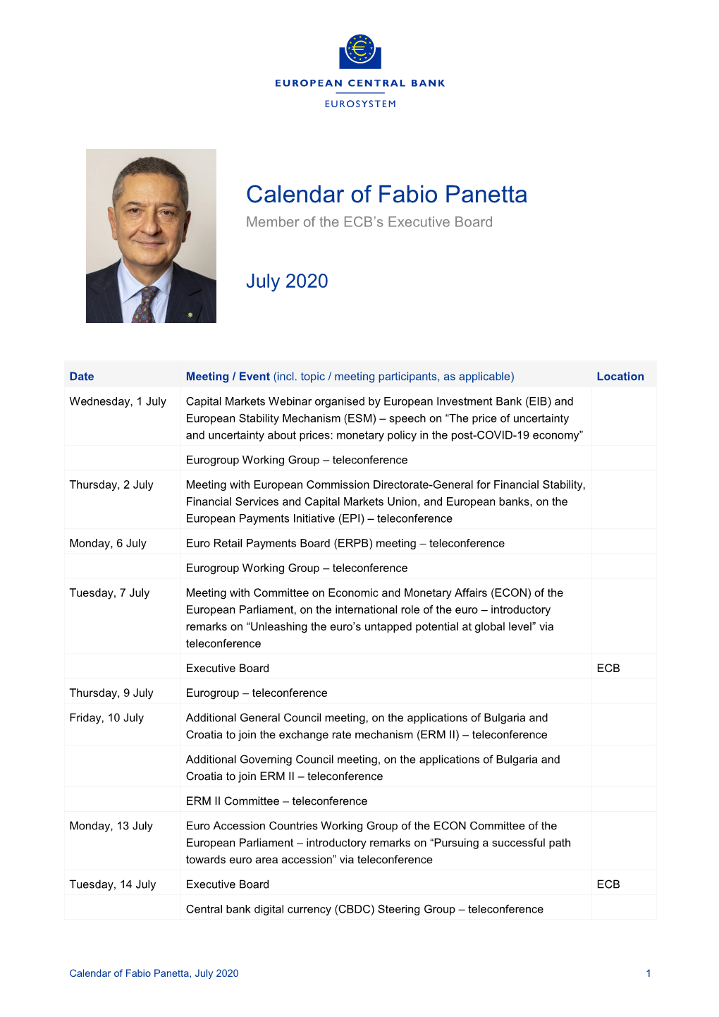 Calendar of Fabio Panetta, July 2020 1 Wednesday, 15 July Governing Council – Teleconference