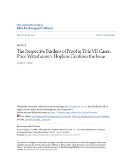 The Respective Burdens of Proof in Title VII Cases: Price Waterhouse V