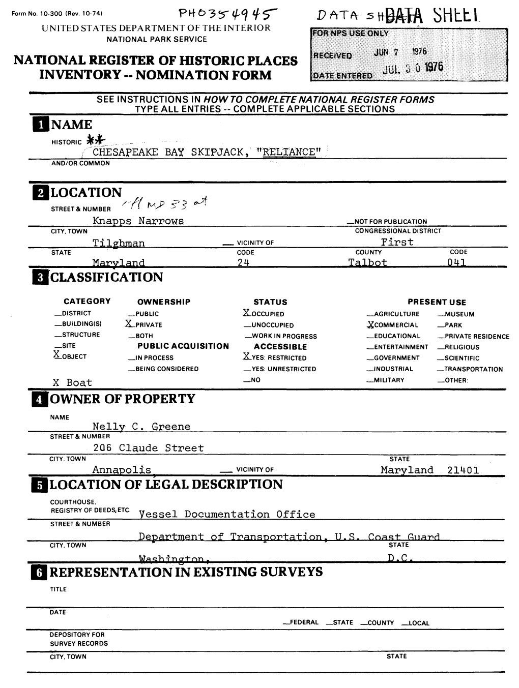 National Register of Historic Places Inventory -- Nomination Form