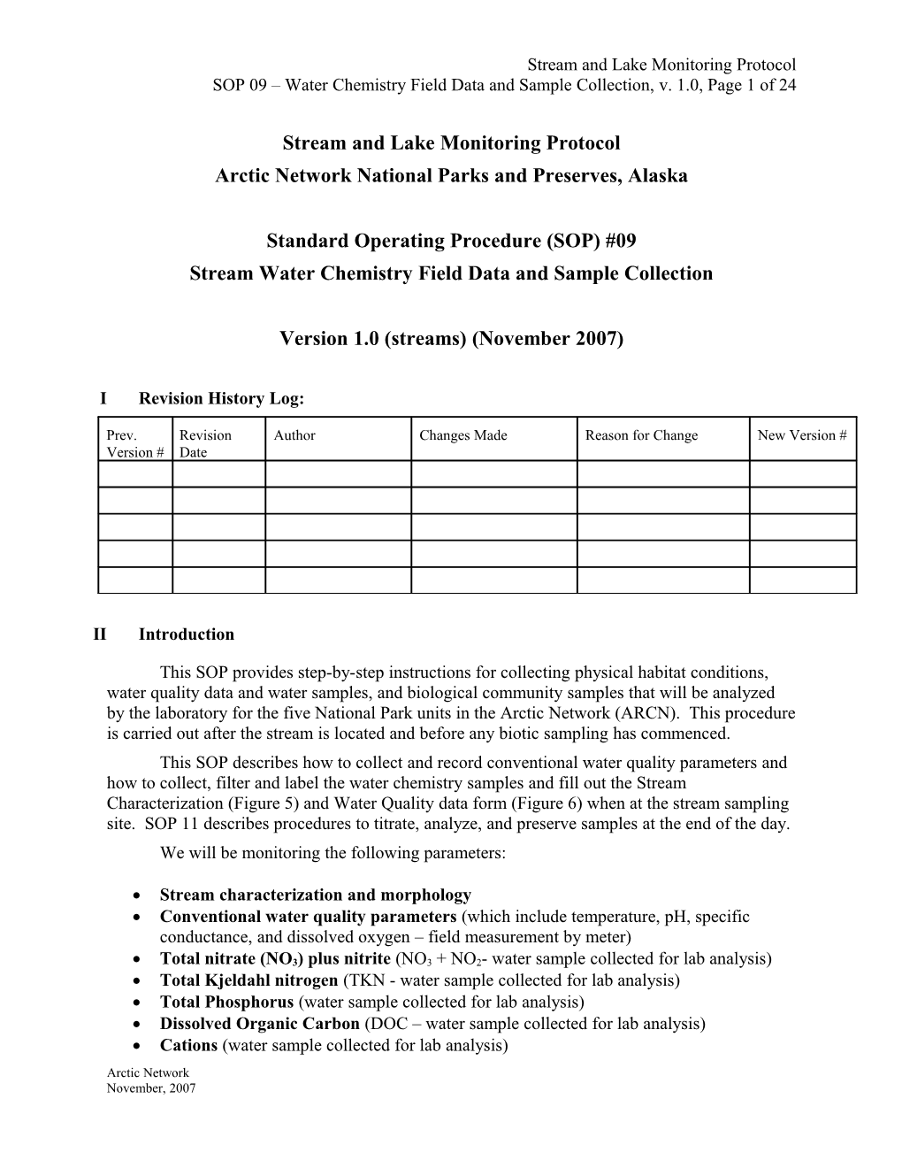 SOP17 - Water Chemistry Field Data And Sample Collection