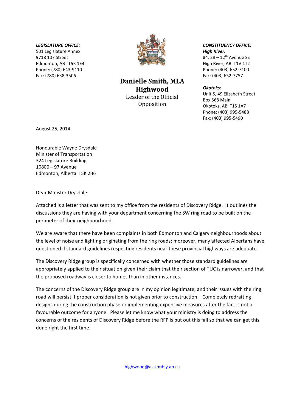 Discovery Letter from Danielle Smith, MLA Highwood