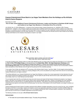 Caesars Entertainment Gives Back to Las Vegas Team Members Over the Holidays As Rio All-Suite Hotel & Casino Reopens