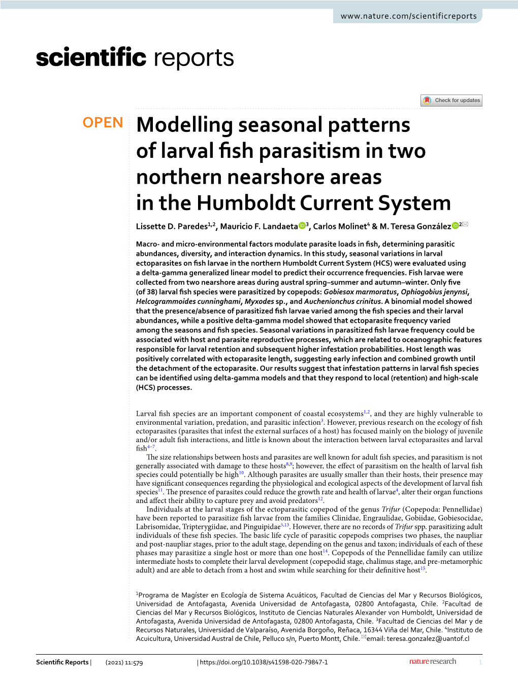 Modelling Seasonal Patterns of Larval Fish Parasitism in Two Northern
