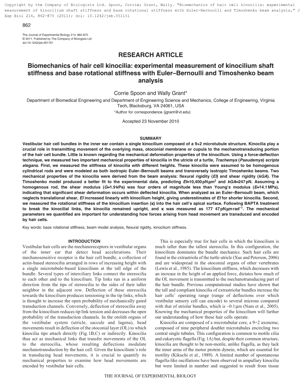 Experimental Measurement of Kinocilium Shaft Stiffness and Base Rotational Stiffness with Euler–Bernoulli and Timoshenko Beam Analysis