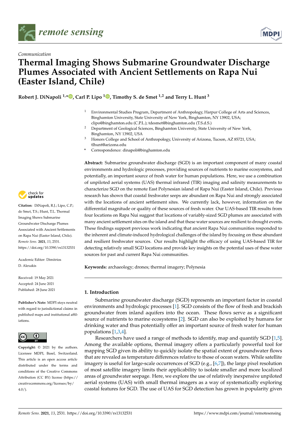 Thermal Imaging Shows Submarine Groundwater Discharge Plumes Associated with Ancient Settlements on Rapa Nui (Easter Island, Chile)