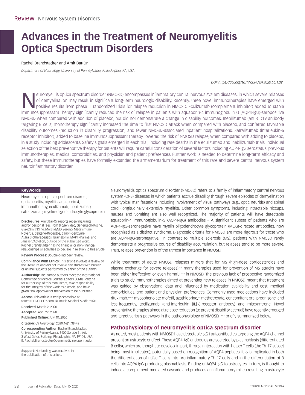 Advances in the Treatment of Neuromyelitis Optica Spectrum Disorders