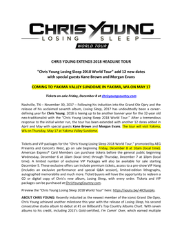 Chris Young Losing Sleep 2018 World Tour" Add 12 New Dates with Special Guests Kane Brown and Morgan Evans