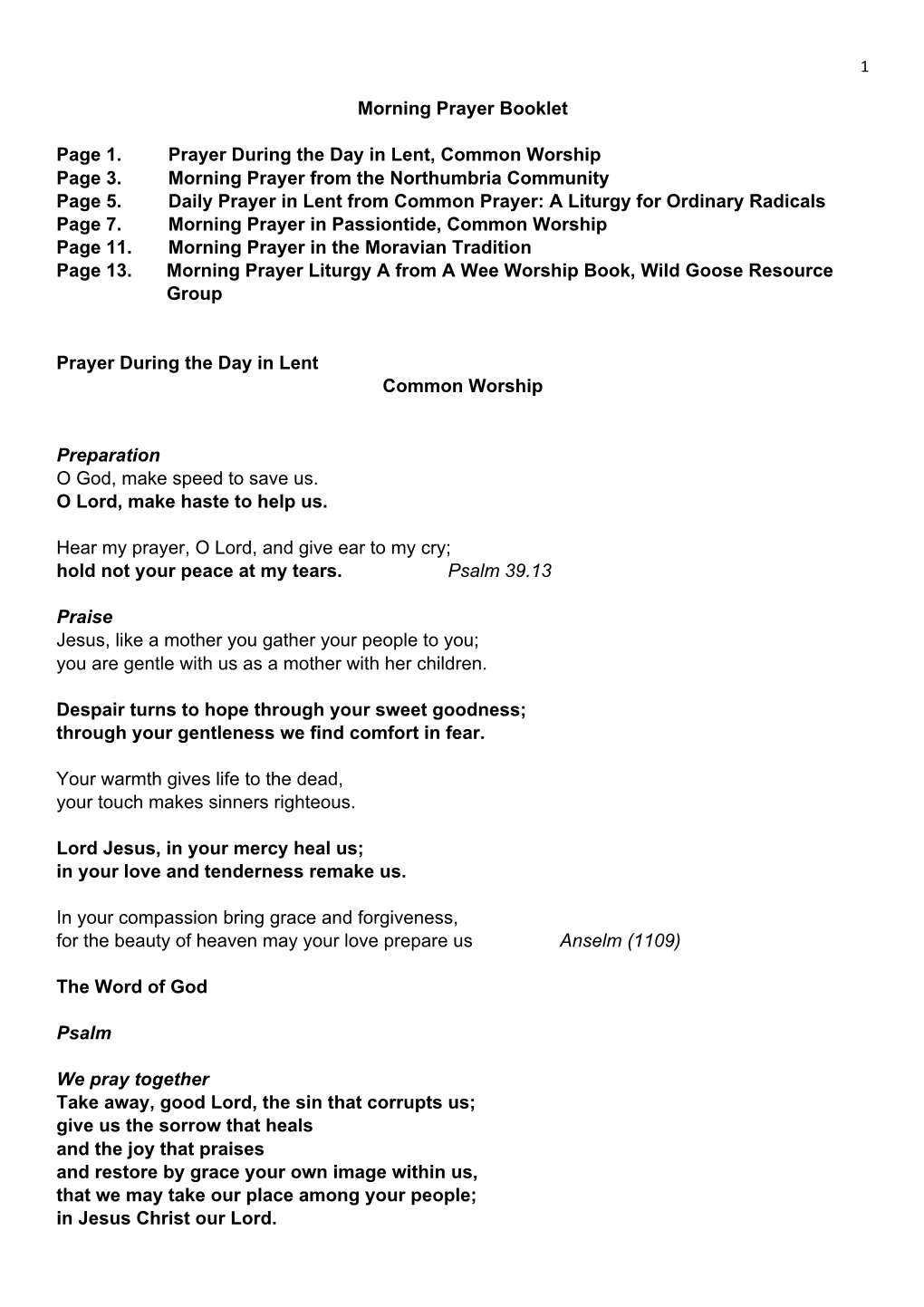 Morning Prayer Booklet Page 1. Prayer During the Day in Lent