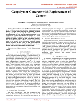 Geopolymer Concrete with Replacement of Cement