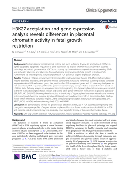 H3K27 Acetylation and Gene Expression Analysis Reveals Differences in Placental Chromatin Activity in Fetal Growth Restriction N