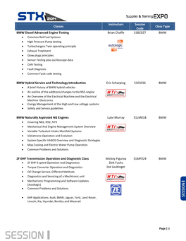 Classes Instructors Session Code Class Type BMW Diesel Advanced