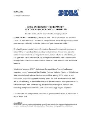 Sega Announces “Condemned”; Next-Gen Psychological Thriller