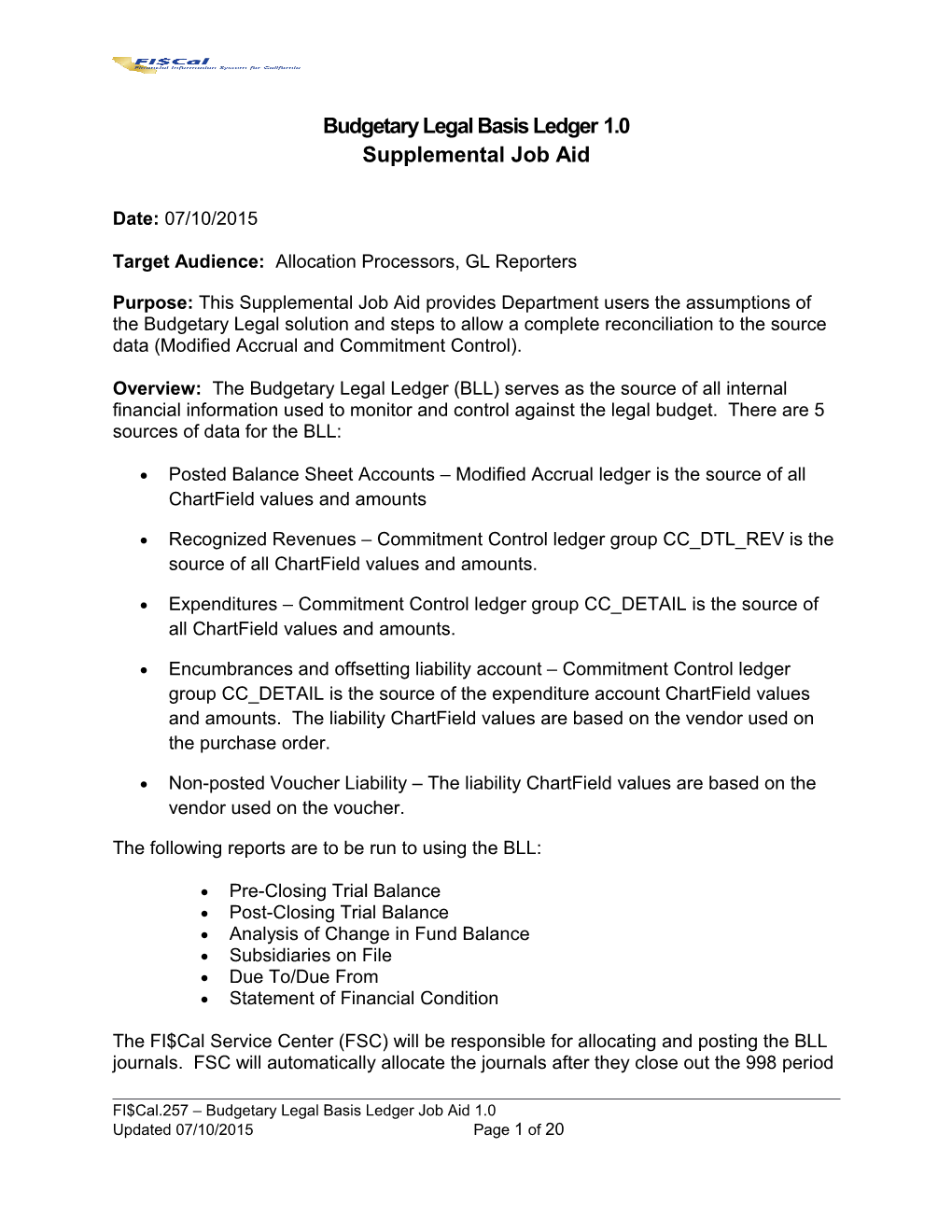 Budgetary Legal Basis Ledger 1.0 Supplemental Job Aid