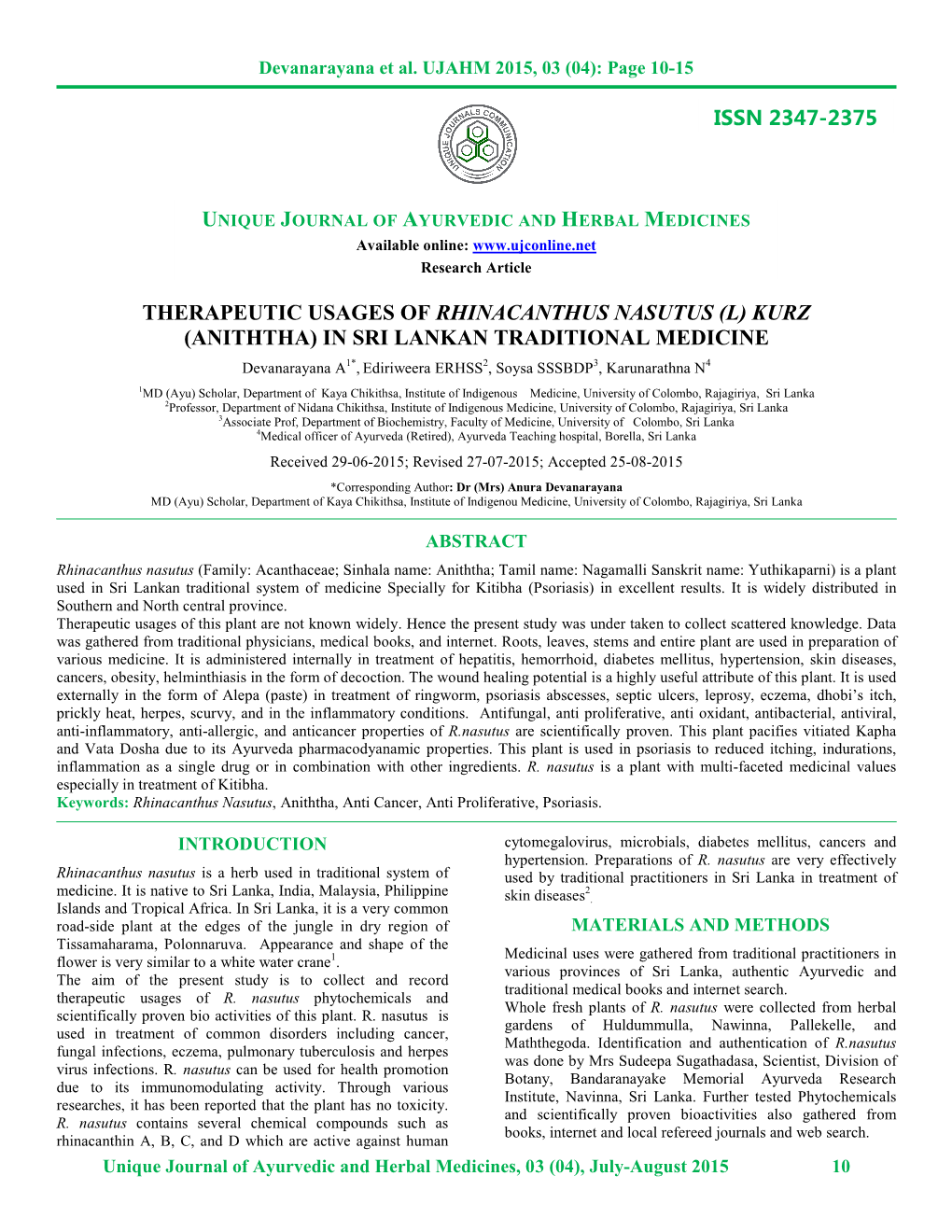 Issn 2347-2375 Therapeutic Usages of Rhinacanthus