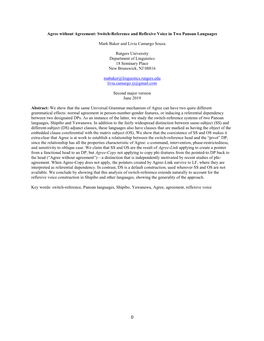 Agree Without Agreement: Switch-Reference and Reflexive Voice in Two Panoan Languages Mark Baker and Livia Camargo Souza Rutgers