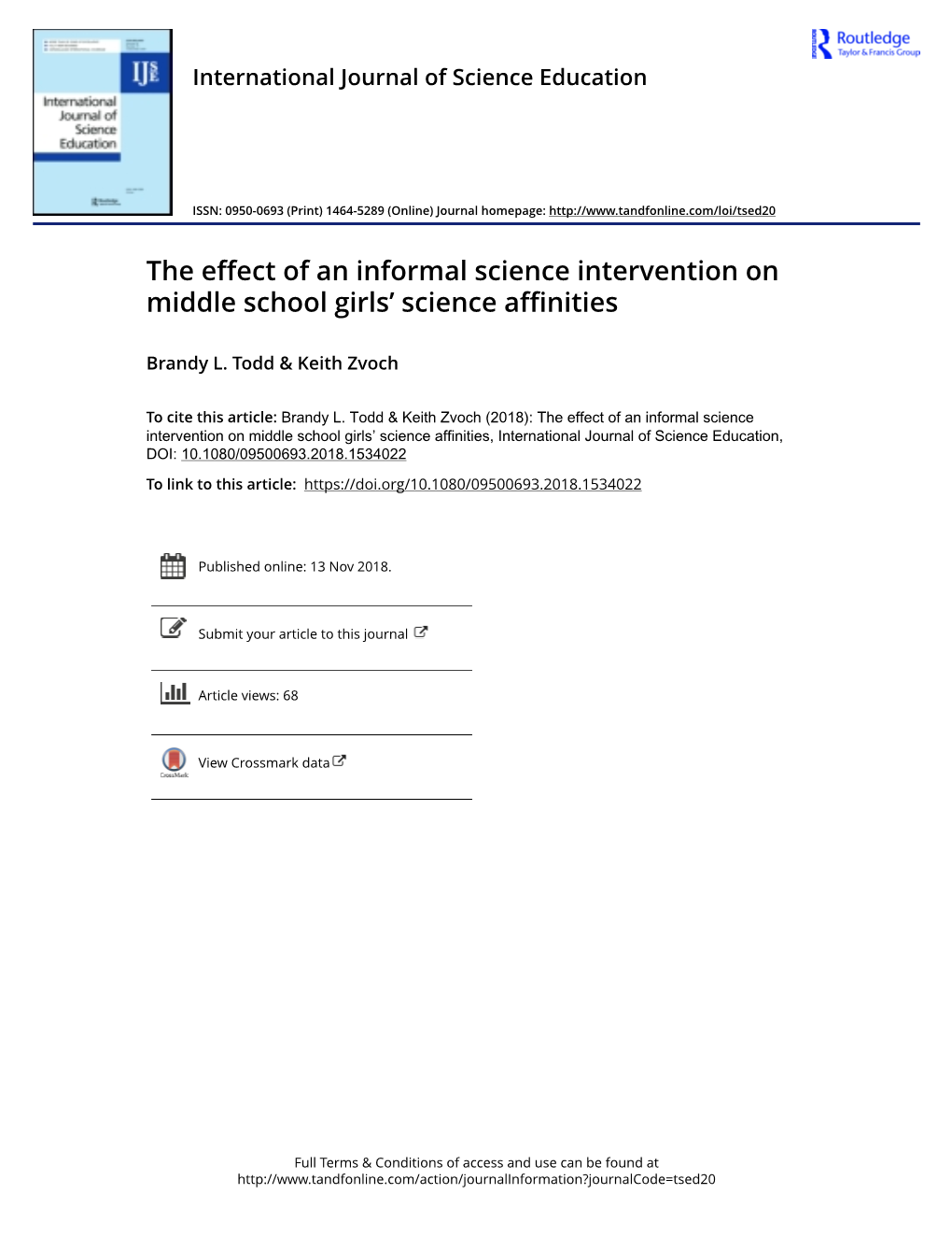 The Effect of an Informal Science Intervention on Middle School Girls' Science Affinities