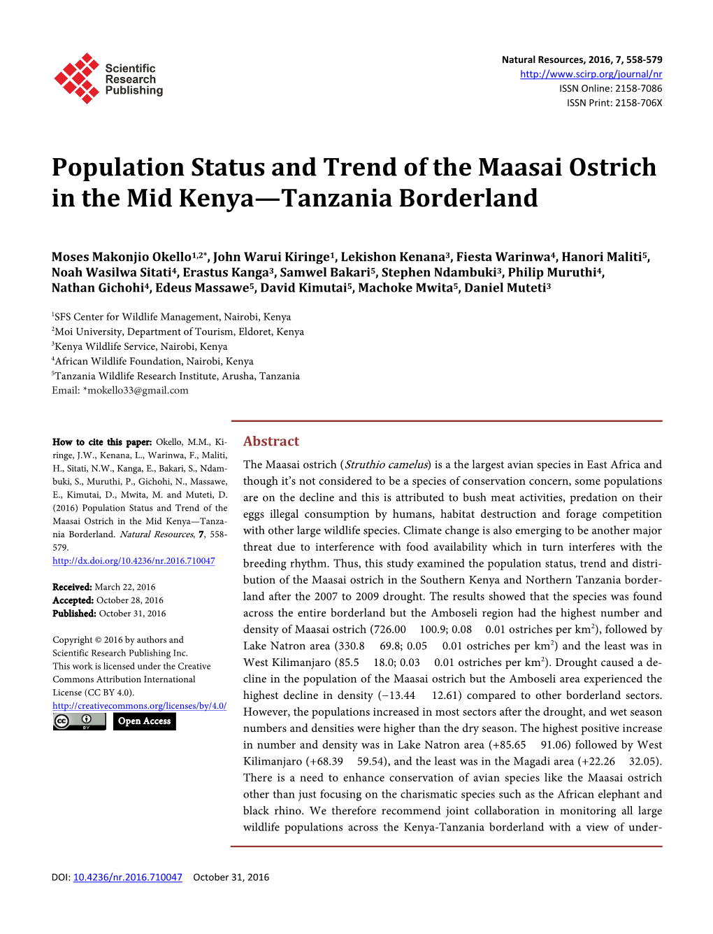Population Status and Trend of the Maasai Ostrich in the Mid Kenya—Tanzania Borderland
