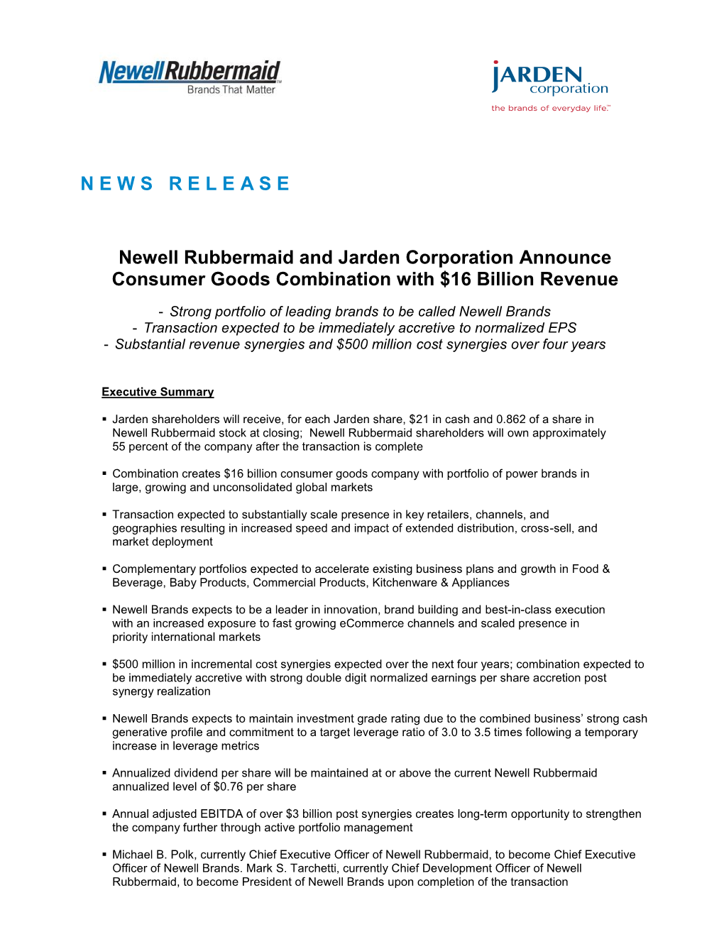 Newell Rubbermaid and Jarden Corporation Announce Consumer Goods Combination with $16 Billion Revenue