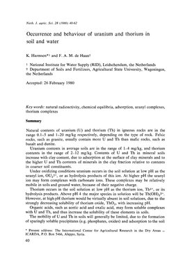 Occurrence and Behaviour of Uranium and Thorium in Soil and Water