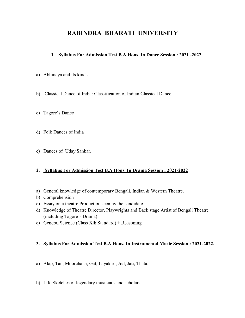 1. Syllabus for Admission Test BA Hons. in Dance Session : 2021