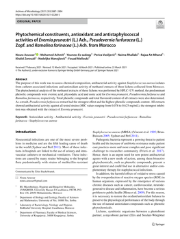 Phytochemical Constituents, Antioxidant and Antistaphylococcal Activities of Evernia Prunastri (L.) Ach., Pseudevernia Furfuracea (L.) Zopf