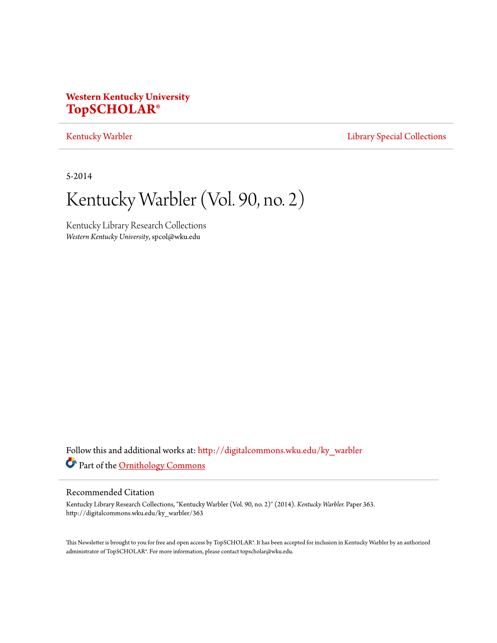 Kentucky Warbler (Vol. 90, No. 2) Kentucky Library Research Collections Western Kentucky University, Spcol@Wku.Edu
